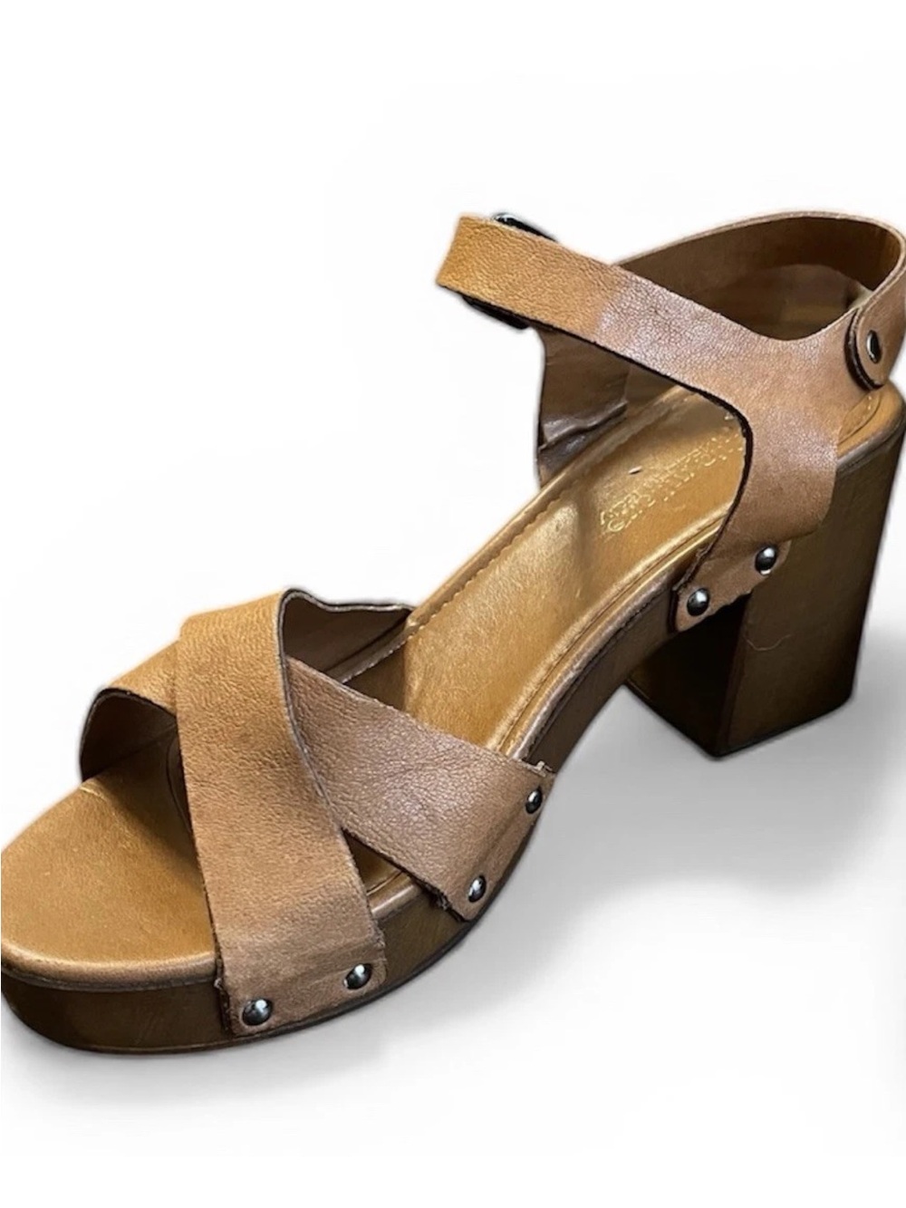 Sophia Milano Tan Leather Strappy Sandals Chunky Heel 8.5-9 sz 39 Made In Italy